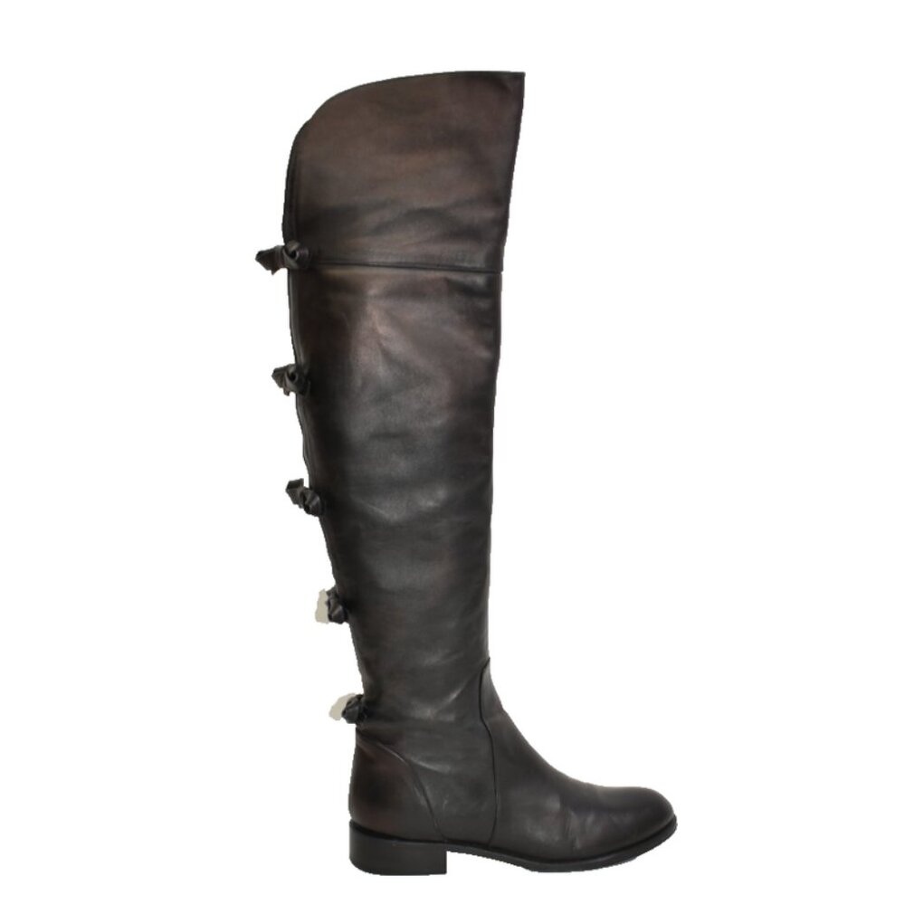 Valentino Bow Over the Knee Boots Black w/ Hints of Deep Purple 37 7 DD222b OTK